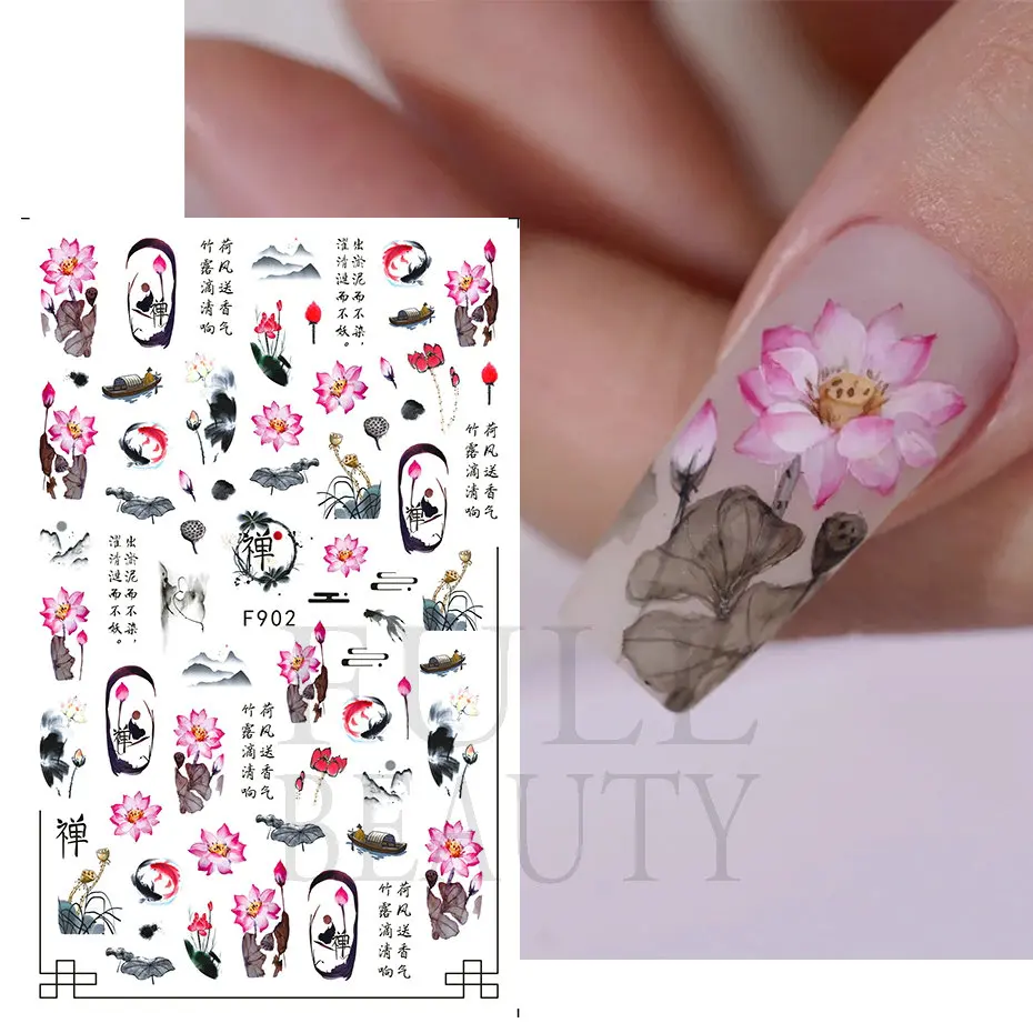 Pegatinas de uñas de estilo de poetría antigua China, calcomanías adhesivas de diseño de flores de peonía de bambú de loto, calcomanías para manicura F898