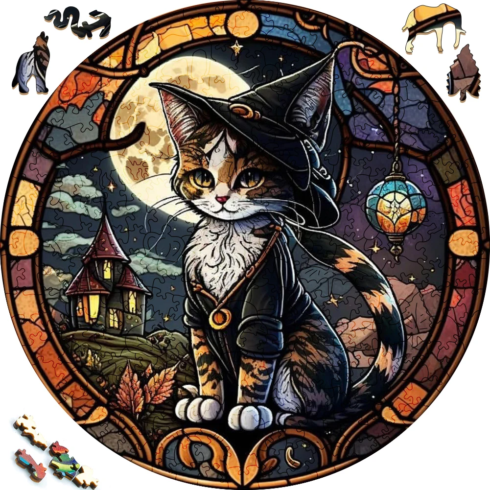 Mysterious Wooden Puzzle painted Black Cat Funny Toy Animal Wood Puzzles Smart Game Round Shaped Jigsaw Puzzle Best Gift For kid