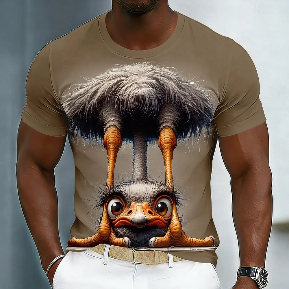 2026 Men's Funny Ostrich Graphic T-shirt 3D Animal Black Dog Print t shirts Fashion Cool Party Short Sleeve Tops Summer Clothing
