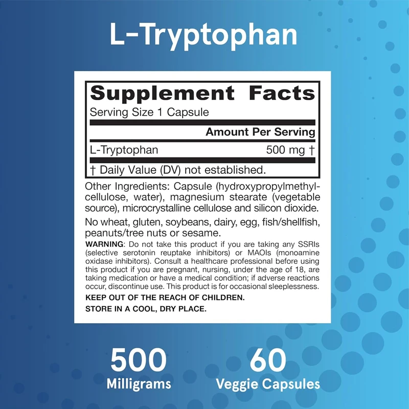 L-tryptophan, 500mg dietary supplement for stress and emotional support, 60 capsules