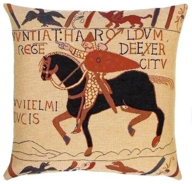 

King Harold on Horseback Hastings Bayeux BELGIAN Belgium Jacquard WOVEN Hand flax Finished pillowcase