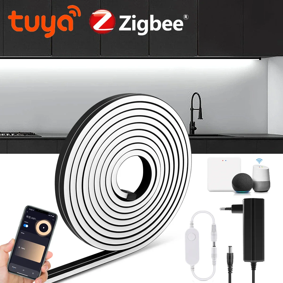 DC24V Black Silicone Tube Neon Light with Zigbee3.0 Controller,Support Tuya APP Alexa Google Voice Control,Waterproof,Room Decor