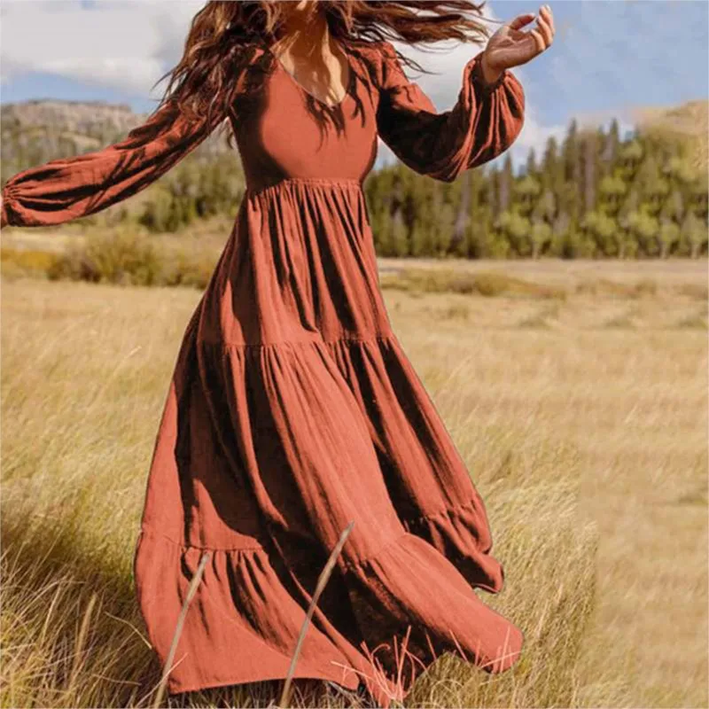 

2024 Autumn and Winter Women's V-neck Solid Elegant Cotton Linen Dress Temperament Commuting Lantern Sleeve Loose Dress Vestidos