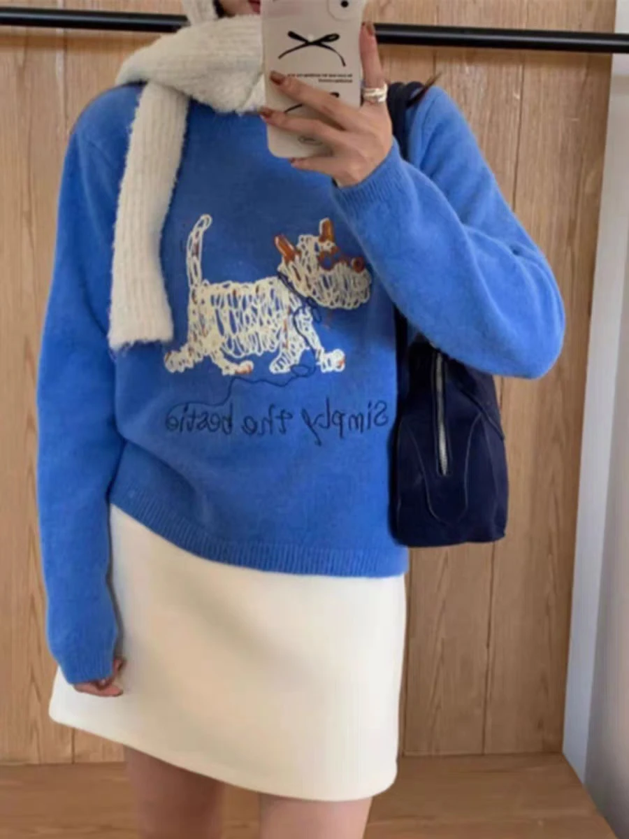 レディース クラインブルー パピー刺繍セーター プチ クロップド オーバーサイズ ニットトップ 秋冬 刺繍入りプルオーバーセーター