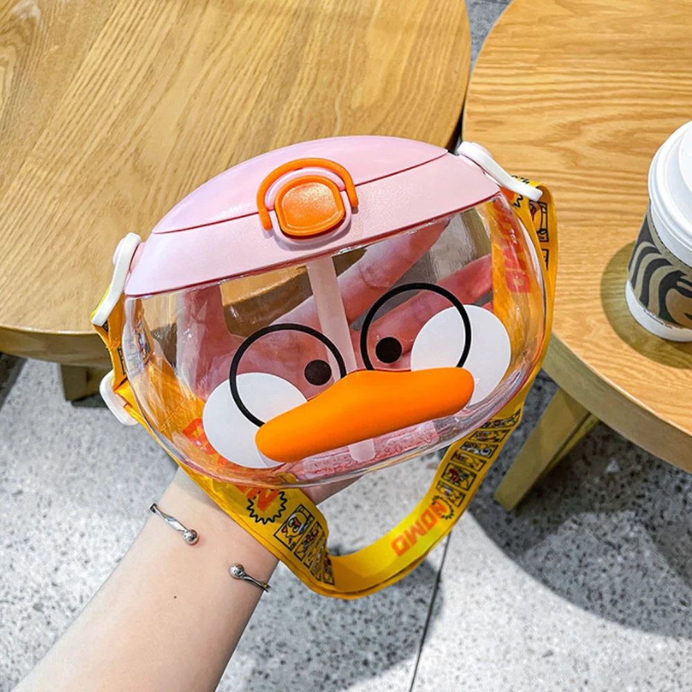 

Cartoon Yellow Duck Plastic Straw Water Bottles For Girls Kid Sippy Kettle Portable Strap Large Capacity Milk Fruit Bubble