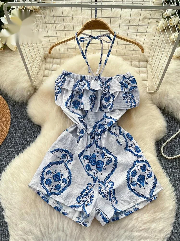 

Bohemian Halter Holiday Bodysuits Backless High Waist Lace Up Ruffle Pocket Lazy Slim Women Summer Print Beach Rompers