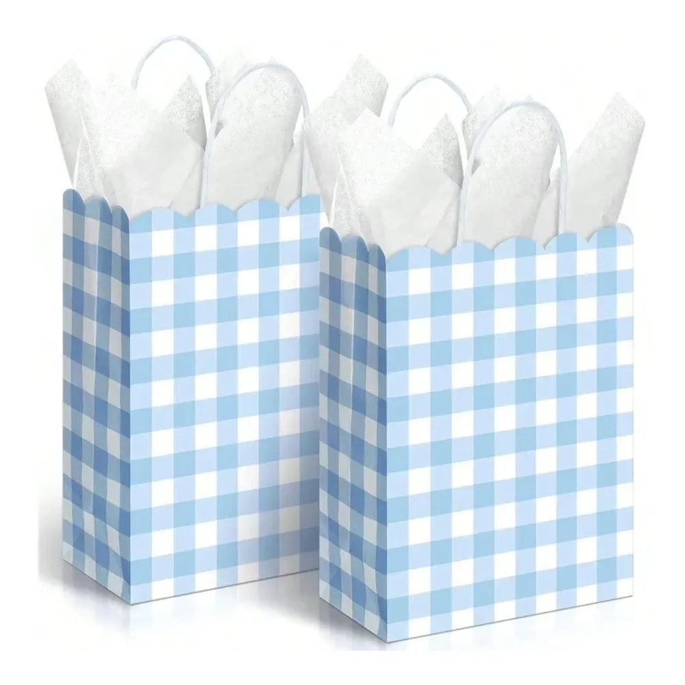 Bolsas de Regalo de Papel Kraft con Asas, Diseño a Cuadros Azules, para Fiestas, Cumpleaños y Bodas