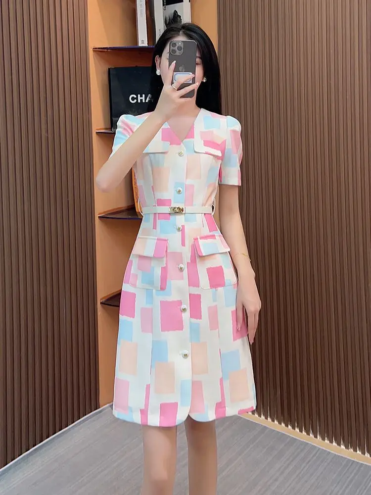 

Fashion Street Print Elegant Dress Women Thin Short-sleeved V-neck Single-Breasted Casual Office Commute Lady Summer Dress