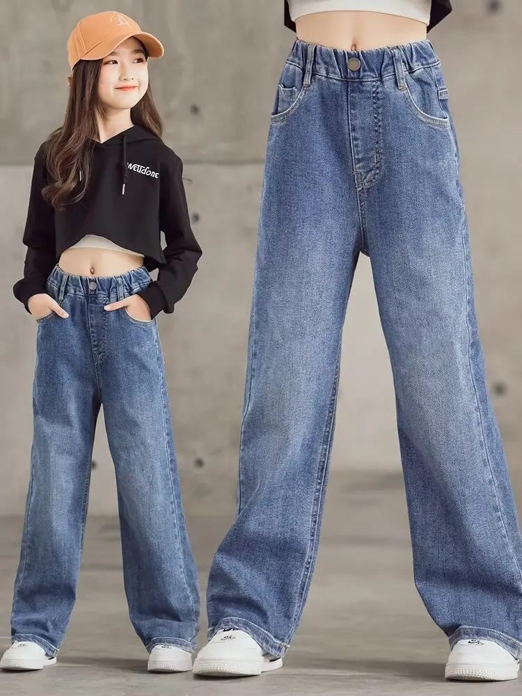 

Girls' Jeans Spring And Summer New Style Children's Straight-leg Medium And Large Children's Wide-leg Spring Loose Trousers