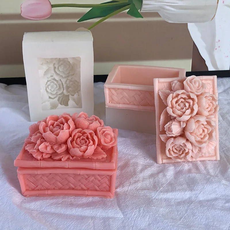 Peony Flowers Pattern Jewelry Box Silicone Molds  Rectangle Plaster Storage Jar Mold Concrete Candle Cup with Lid Making Tools