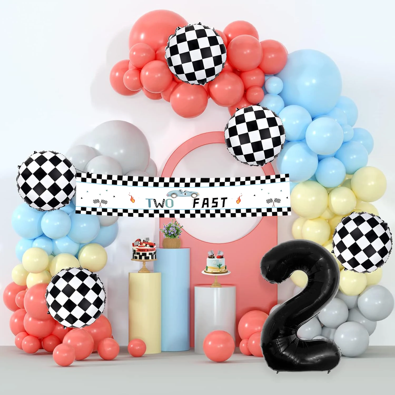 Ballon-Set, 2-jähriges Racing-Thema, Ballon, gewölbtes Kranz-Set, Koralle, Rosa, Blau, Gelb, Ballon, Geburtstagsfeier, Hintergrundwand