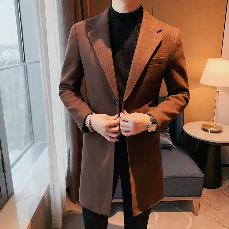 Suit Collar Medium - Length Woolen Coat/ High Quality Men's New Autumn Winter Solid Color Slim Fit Business Casual Warm Overcoat