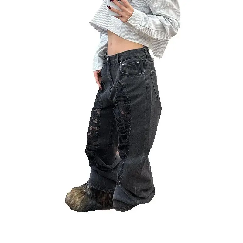 

Women Harajuku Streetwear Distressed Jeans American Casual 2000s Vintage Grunge Pants Y2K Patchwork Street Ripped Denim Trouser
