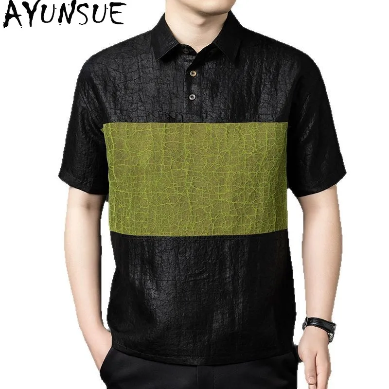 AYUNSUE High-end 100% Real Mulberry Silk Shirt for Men High Quality Summer Top Luxury 2026 Xiangyunsha Short Sleeve Shirts Man