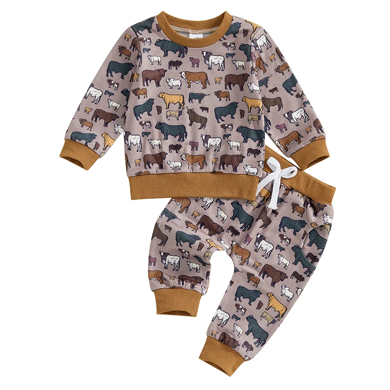 

Toddler Boy Pants Set Cattle Print Long Sleeve Sweatshirt Drawstring Pocket Long Pants Outfits