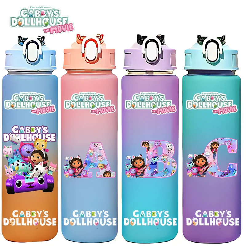 Botella de Agua de Plástico con Pajita Degradada de 750 ml de Gabby's Dollhouse, Gabby, Carlita, DJ Catnip, Mercat, Pandy Paws, Cakey Cat, Mama Cat