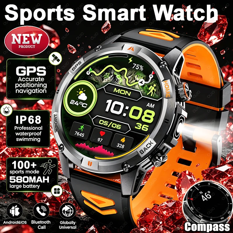 

2026 Outdoor GPS Sports Smart Watch 100+ Sports Modes IP68 Waterproof Compass 580mAh Large Battery BT Call Men Smart Watch