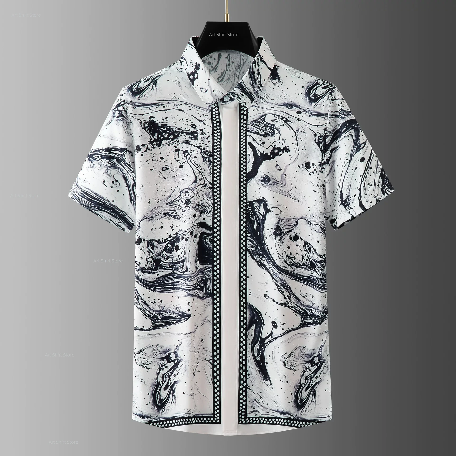 European and American style summer fashionable all-over ink ripple print slim-fitting fashionable men's short-sleeved shirt