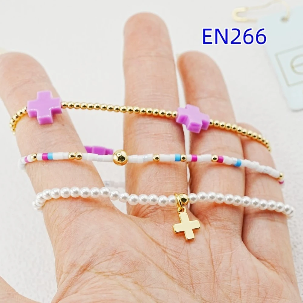 

YEEVAA Purple Cross Charm 2mm Beads&Faux Pearls Stack Bracelets Spring Summer Series, Fashion Jewelry Gift for Women