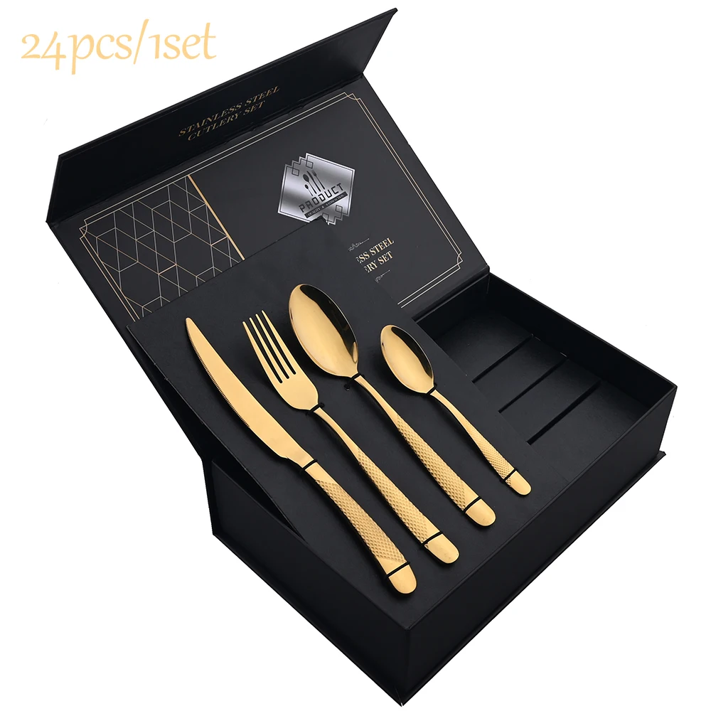 AJOYOUS 24pcs/1set Cutlery Set Western Stainless Steel Tableware Knife Fork Tea Spoon Dinnerware Set Kitchen Mirror Silverware