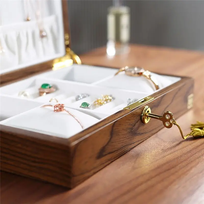 B84B Wooden Flip Jewelry Organizer Box Watch Earrings Ring Holder Storage with Lock