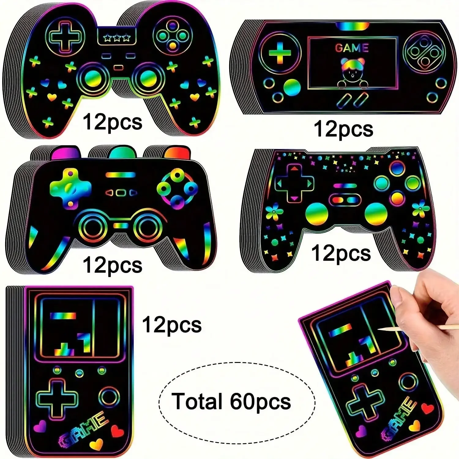 60pcs Video Game Scratch Cards Gamer Party Favors Rainbow Scratch Crafts Paper Art Party Ornaments For DIY Activities