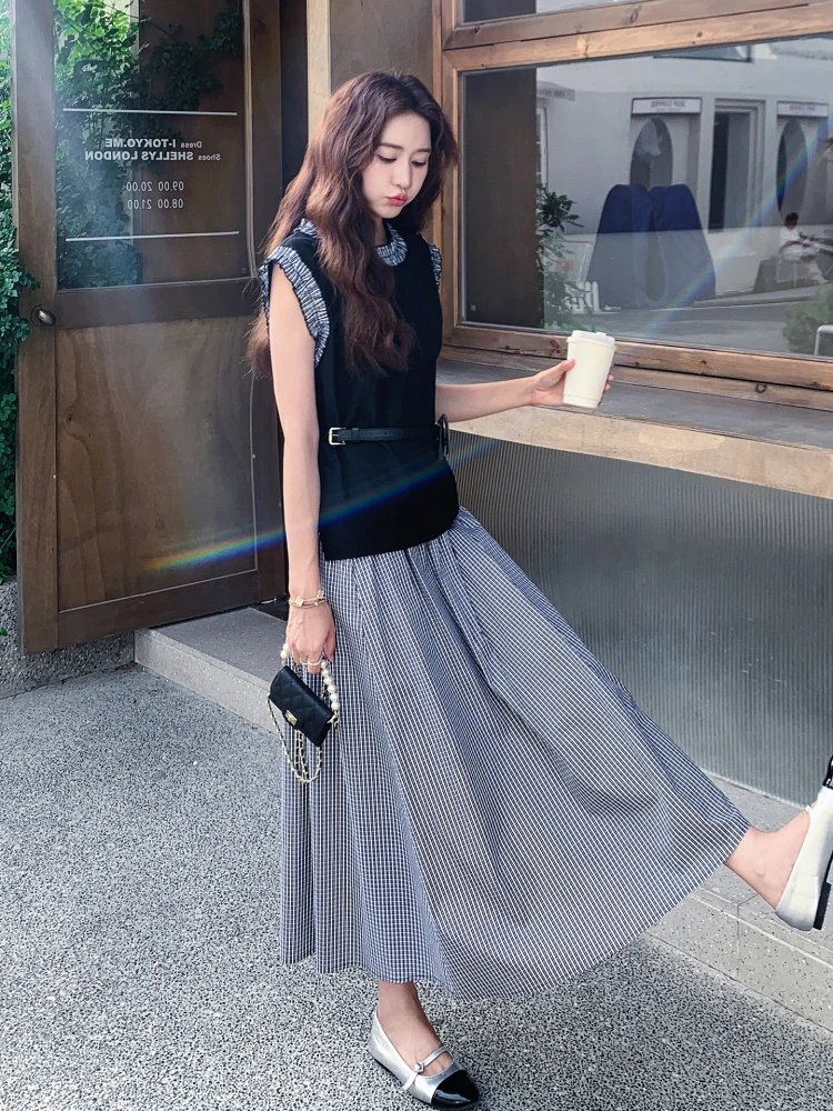 

Black fungus ruffled sleeveless shirt plaid A-line half skirt women's summer temperament elegance appropriate two piece set