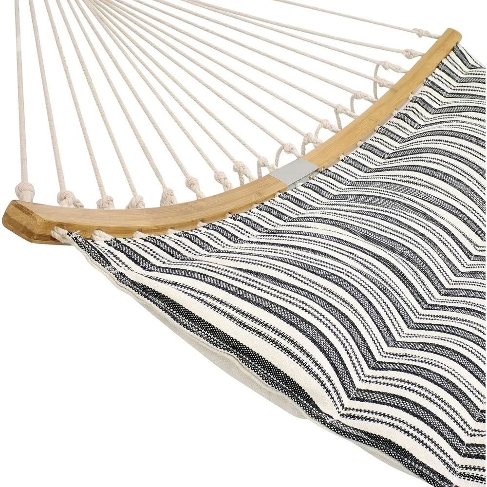 Polycotton Double Hammock with Curved Bamboo Foldable Spreader Bars - 450-Pound Weight Capacity - Neutral Stripe