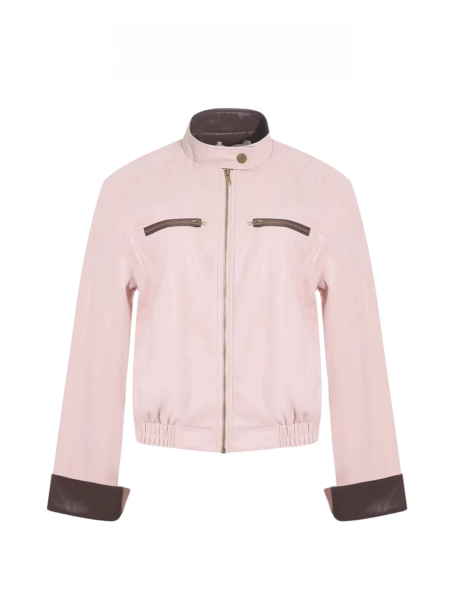 Giacca in pelle rosa da donna, casual, unica, stile coreano, per il tempo libero, con chiusura a cerniera lunga e maniche regolari