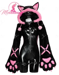 Mobbunny Women's Sexy Leather Jumpsuit V-neck Tight Bodysuit and Hooded Sweatshirt with Furry Paw Gloves and Chest Plate