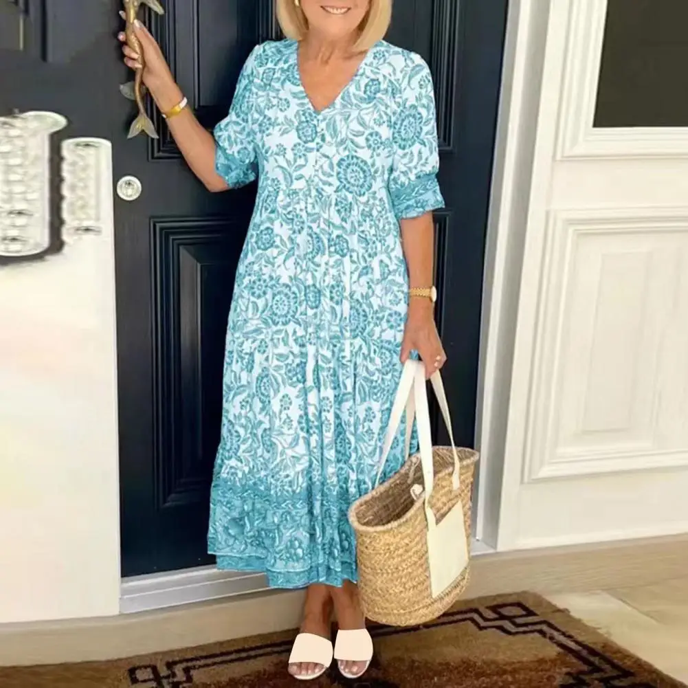 Vacation-ready V-neck Dress Stylish V Neck Printed A-line Maxi Dress with Short Sleeves Big Hem Patchwork for Vacation Beach