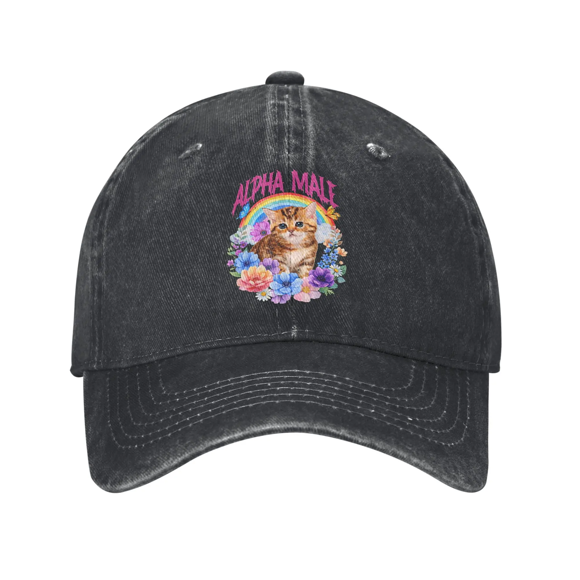 Retro Alpha-Male Cat Funny Kitten Baseball Cap Men Women Distressed Denim Sun Cap Rainbow Floral Outdoor Running Golf Soft Hats