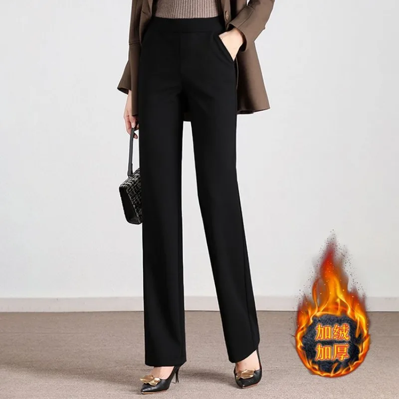ストレートレッグパンツ女性春秋の新スタイルプラスベルベット痩身ハイウエストルーズスーツカジュアルパンツ冬