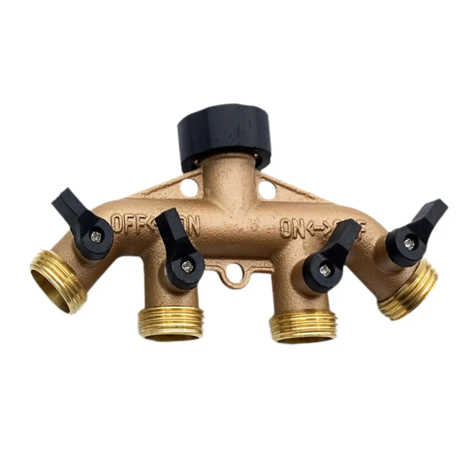 Durable Brass Garden Hose Valve Distributor 4 Way Splitter with Pre Drilled Mounting Tab for Stable Patio Faucet Water Control