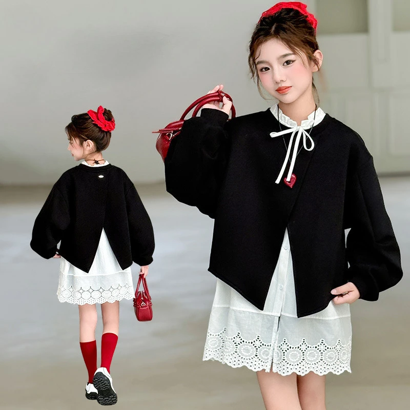 

Girls Suits Spring Autumn Long Sleeve Outfits Loose Lace Splice Shirt + Pullover Sweatshirt 2Pcs Kids Set Teen Children Clothes