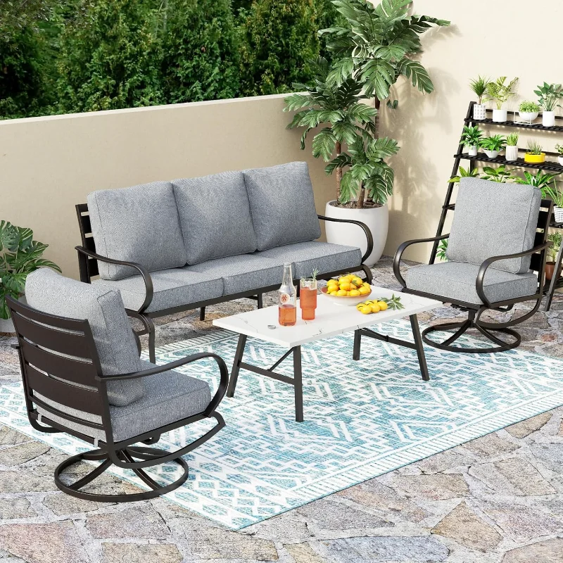 

PHI VILLA 4 Piece Patio Furniture Sets for 5 Person with 1 x 3-Seat Deep Seating Bench, 2 x Cushioned Swivel Sofa Chairs