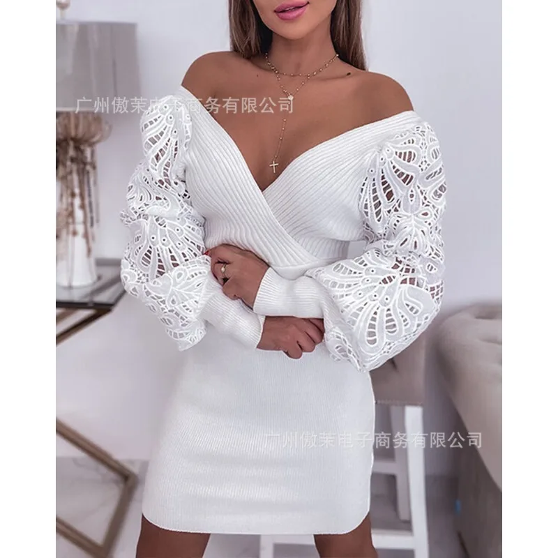 2024 Autumn Winter New Women\'s Clothing Solid Color Lantern Long Sleeve Cross V-neck Lace Dress