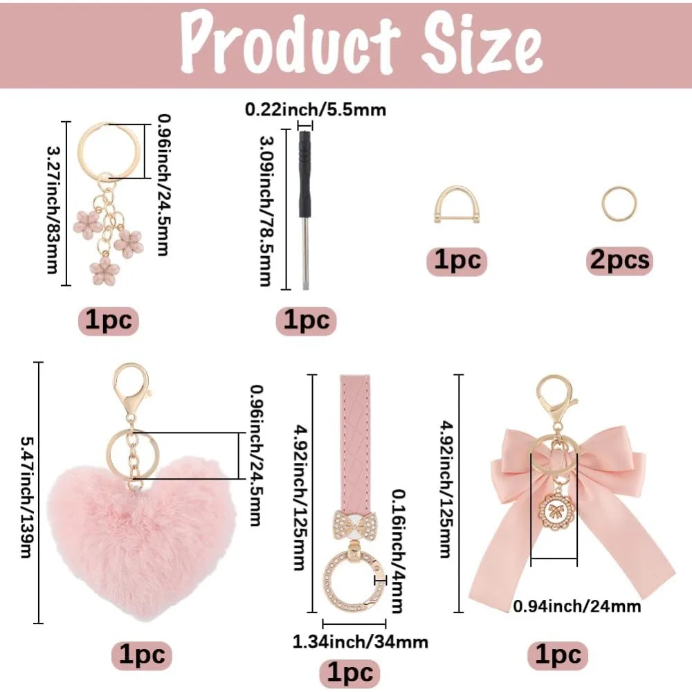 4Pcs 4 Styles White/Pink Key Chain Wristlet Heart Pearl Flower Charms Sets for Purses Lanyards Bags Decor