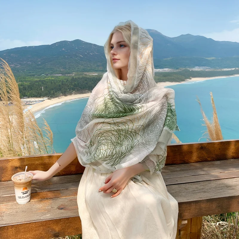 New Spring Summer Women Faux Silk Scarf Floral Print Long Shawl Sun Protection Beach Wrap Air Condition Scarves