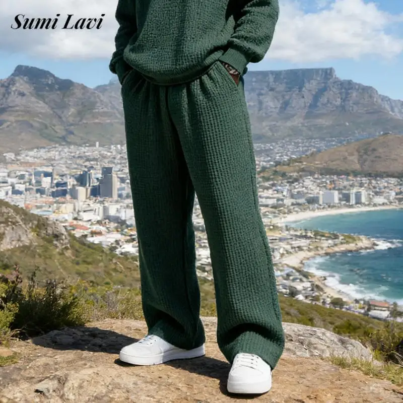 

Daily Leisure Waffle Plaid Texture Trousers For Men Spring Autumn Casual Solid Color Pants Mens Fashion Drawstring Sweatpants
