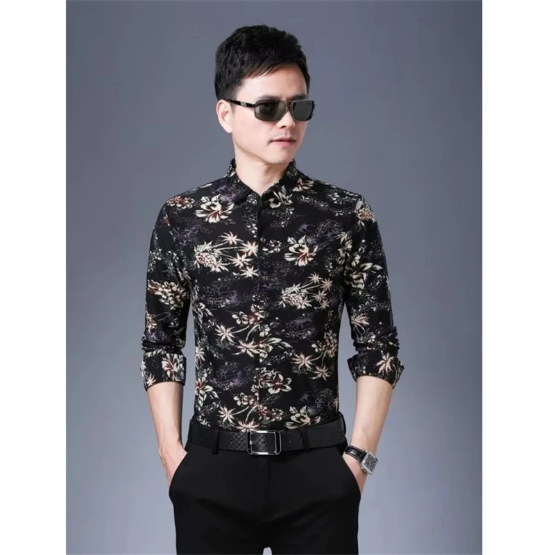 

Polyester Silky Anti-Wrinkle Shirts For Men Long Sleeve Floral Summer Icy Quality Soft Comfortable Beach Style Camisas De Hombre