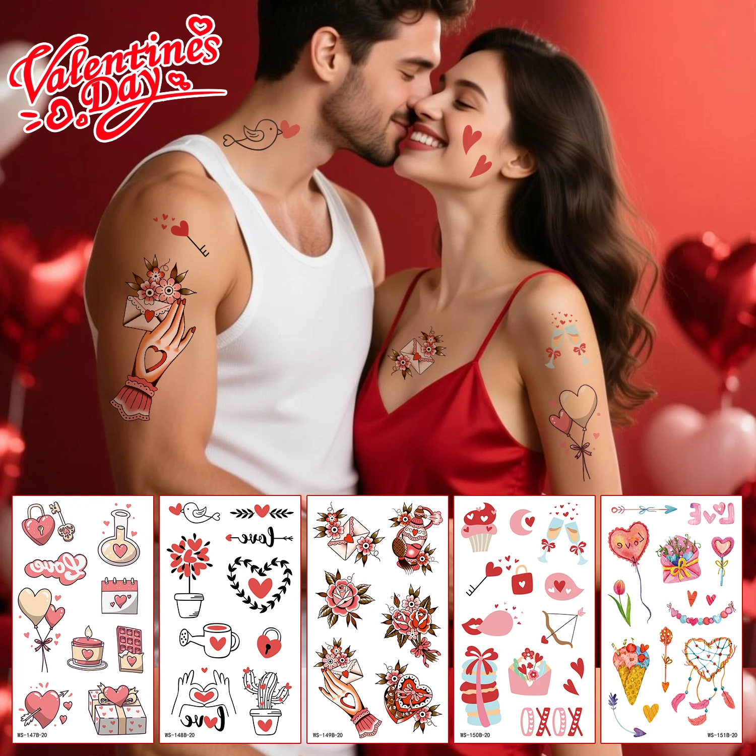 

8/12/20Pcs 3D Valentine's Day Temporary Fake Tattoo Cake/Bear/Love Heart/Rose Temporary Tattoos Stickers Arm Hands Body Decor