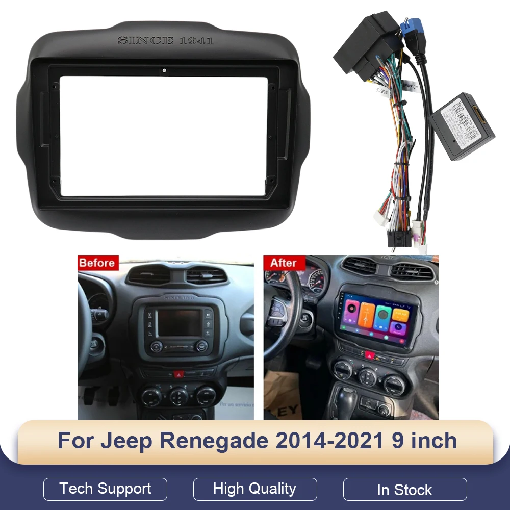 

9 Inch 2DIN Car Radio Fascia Frame for Jeep Renegade 2014-2021 with Wiring Harness, Power Cord & Canbus Decoder