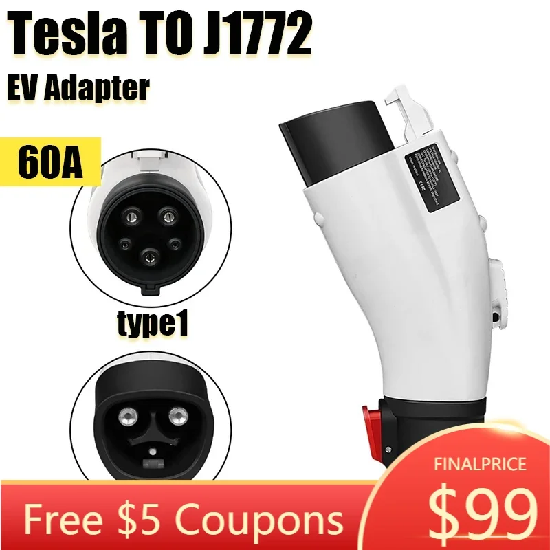 

Tesla to J1772 Charging Adapter, Max 48A & 250V (White) Electric Vehicle