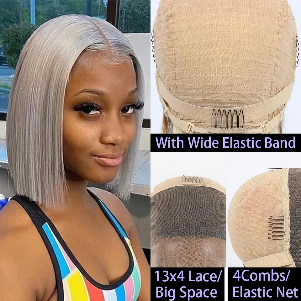 Colored Short Bob Wigs Human Hair Wig with Pre Plucked Baby Hair Silver Color 13x4 Lace Frontal Bob Wig Grey Wigs for Women