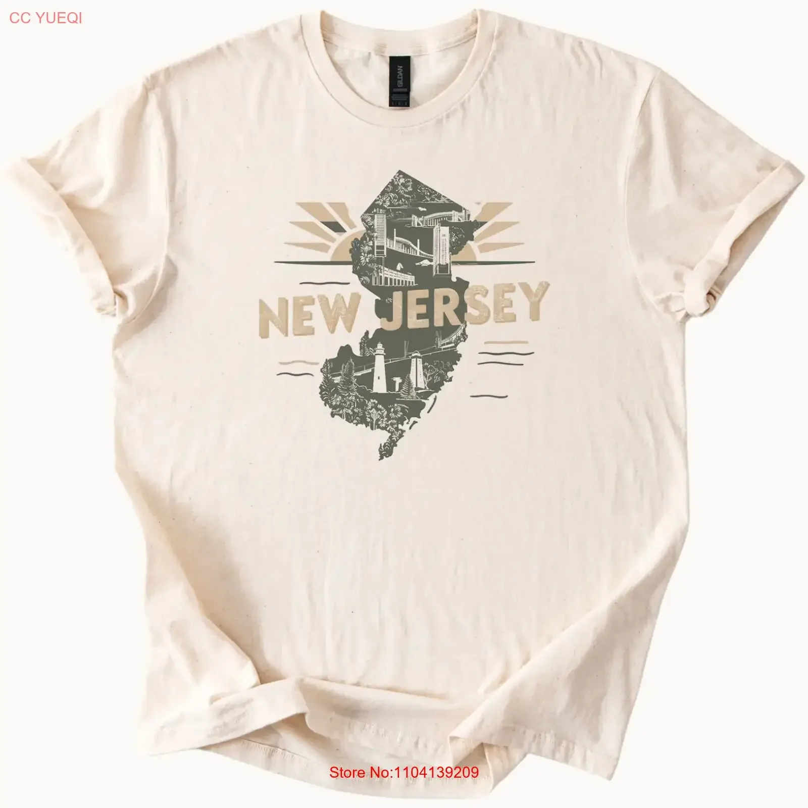 New Jersey Map T Shirt State Landmarks Art Bridge Lighthouse vintage Washed Stylish Casual Versatile Stretched graphic fashion