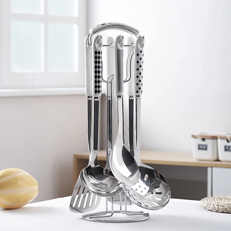 

7 Pcs Hepburn Style Kitchen Utensils Stainless Steel Spatula Cooking Set Stir-Fry Ladle Spoon