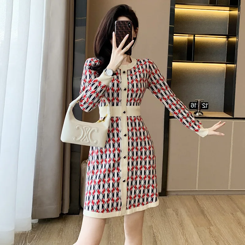 #0937 Office Plaid Sweater Dress Women Vintage A-line Dress Round Neck Buttons Slim Fit Sexy Stretch Retro Dress Spring Autumn