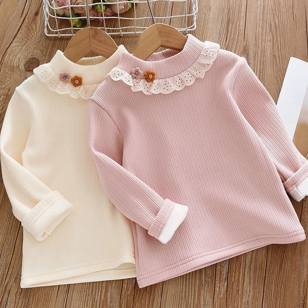 

Футболки для девочек, осенне-зимняя плотная теплая детская рубашка с высоким воротником и цветочным украшением, базовая рубашка с длинными рукавами, детские термотопы