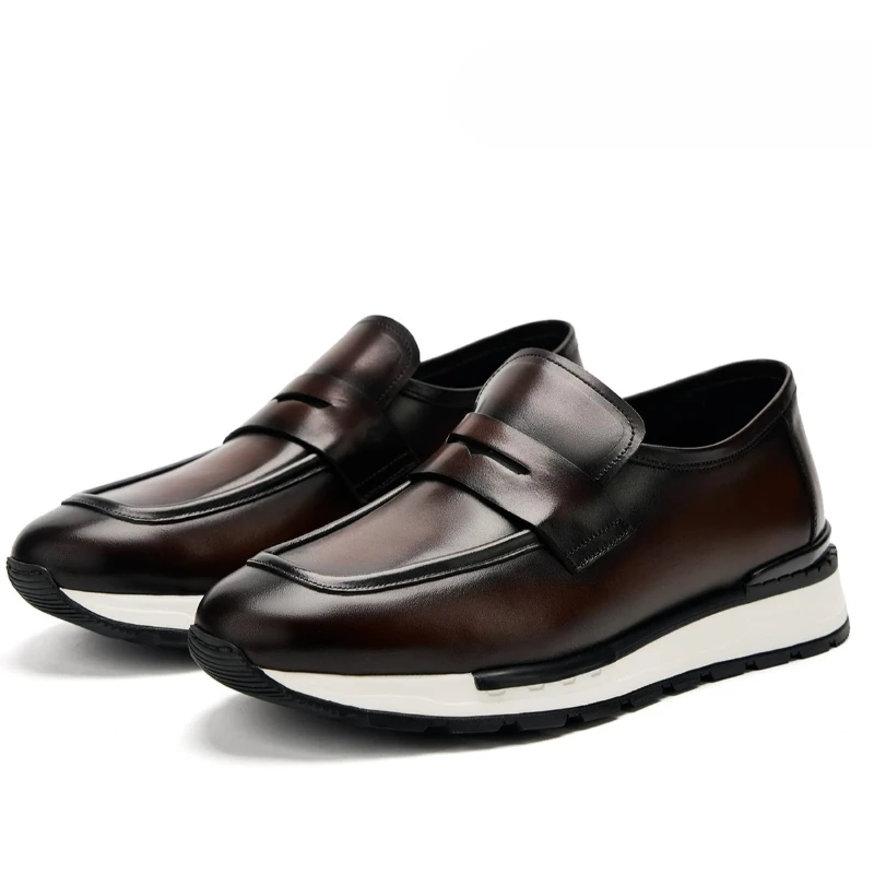 Genuine Leather Breathable Hand-sewn Casual Sports Shoes for Men's Loafers Comfortable Luxury Thick Sole Height Increasing Shoes
